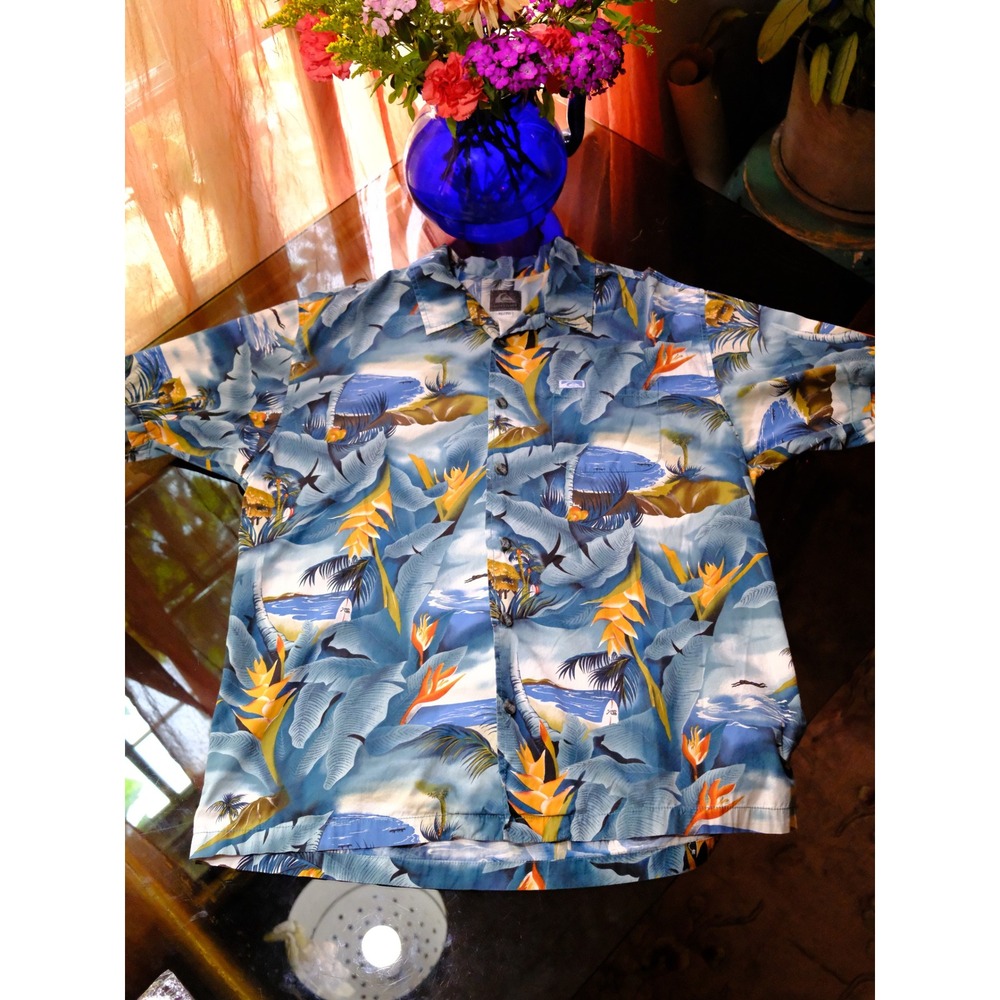 Quiksilver Mens XL Blue Tropical Bird of Paradise Floral Button Down Shirt